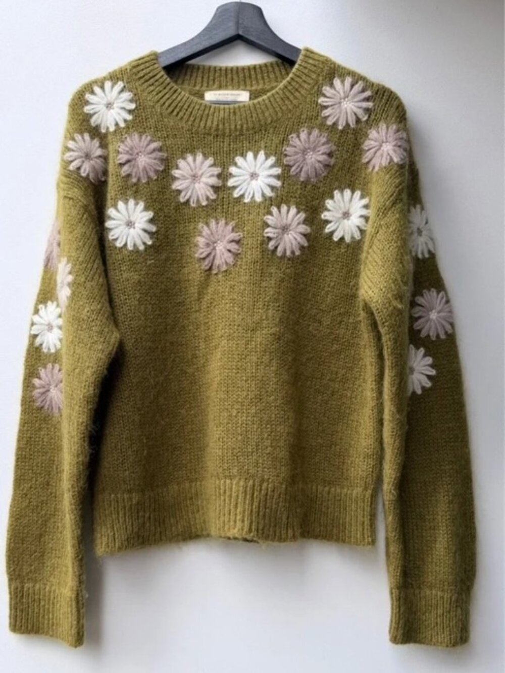 Sezane Suzon Olive Green Floral Embroidered Sweater Size XL